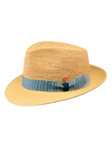Luxusný panamský klobúk Fedora Bogart s modrou stuhou - ručne pletený, UV faktor 80 - Ekvádorská crochet panama - Mayser Manuel