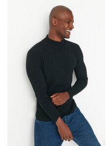 Trendyol Collection Čierny vypasovaný Slim Fit sveter s polovičným rolákom, rebrovaným úpletom