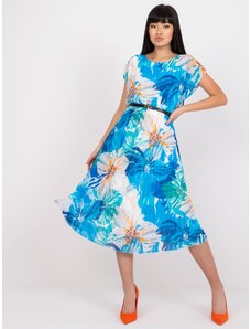 ITALY MODA Bielo-modré kvetinové dlhé plisované šaty s krátkymi rukávmi