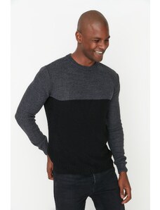 Trendyol Collection Čierny Slim Fit Crew Neck Color Block pletený sveter