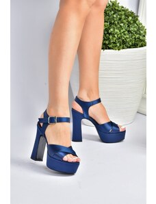 Fox Shoes Navy Blue Satin Fabric Platform Heels, Women's Evening Dress Shoes