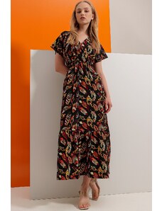 Trend Alaçatı Stili Dámske čierne oranžové dvojradové maxi šaty s kvetinovým vzorom