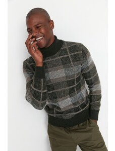 Trendyol Collection Khaki Slim Fit rolák kockovaný sveter