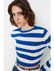 Trendyol Collection Námornícka modrá Crop Basic pruhovaný úpletový sveter