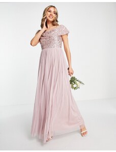 Beauut Bridesmaid bardot embellished maxi dress in frosted pink
