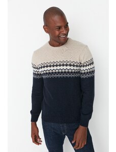 Trendyol Collection Námornícka modrá Slim Fit Crew Panel Žakárový pletený sveter
