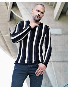 Fashionformen Zaujímavý pánsky sveter s pásikmi čierno-sivý LAGOS 2427