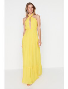Trendyol Collection Dlhé večerné šaty s detailným žltým volánom