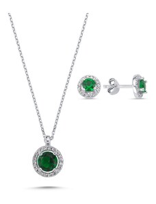 Klenoty Amber Strieborná sada šperkov kolieska zelený kameň - náušnice, náhrdelník