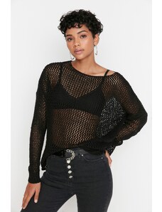 Trendyol Black Extra Wide Fit Cotton Openwork/Perforated Knitwear Sweater