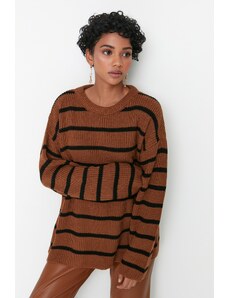 Trendyol Camel Wide Fit pruhovaný pletený sveter