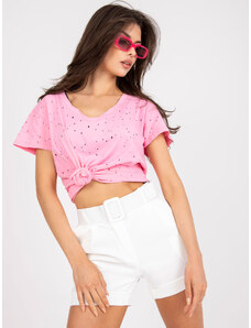 Basic Svetlo-ružové voľné tričko s dierkami a výstrihom do V