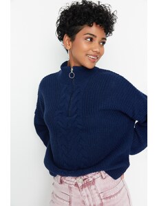 Trendyol Collection Detailný úpletový sveter tmavomodrý na zips