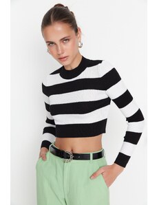 Trendyol Black Crop Bavlnený pruhovaný pletený sveter