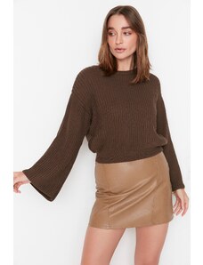 Trendyol Brown Crop španielsky rukáv pletený sveter