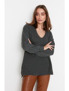 Trendyol Collection Antracitový pletený sveter s výstrihom do V