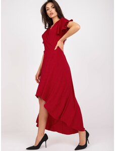 Basic Tmavo-červené dlhé asimetrické spoločenské šaty s krátkym rukávom