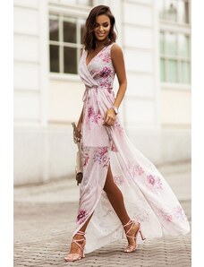 Ivon Svetloružové kvetované šifónové maxi šaty s rozparkom Dolores