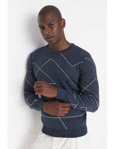 Trendyol Collection Modrý Slim Fit pletený sveter s pásikovým vzorom okolo krku