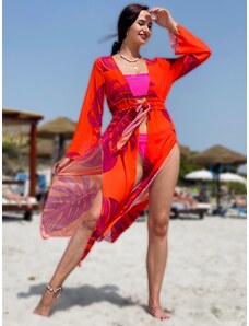Webmoda Dámske dlhé exkluzívne kimono s opaskom - oranžové