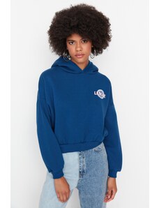 Trendyol Indigo Back with a Print Detailed Hoodie, Fleece Inner Knitted Sweatshirt