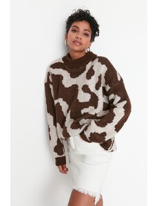 Trendyol Collection Hnedý sveter s žakárovým stojačikom s golierom