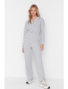 Trendyol Gray Hoodie with Button Detailed Wide Fit Knitted Overalls