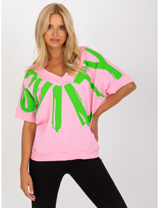 Fashionhunters Pink and green blouse with print and neckline on back