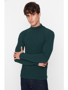 Trendyol Collection Smaragdovozelený vypasovaný Slim Fit sveter s polovičným rolákovým rebrovaným úpletom