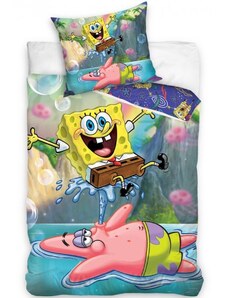 Carbotex Bavlnené posteľné obliečky SpongeBob - motív Patrik robí vodotrysk - 100% bavlna Renforcé - 70 x 90 cm + 140 x 200 cm