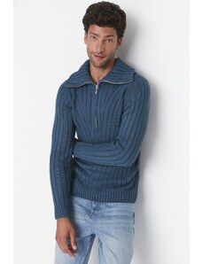 Trendyol Indigo Men's Slim Fit Half Turtleneck Turtleneck Zipper Knitted Detailed Knitwear Sweater