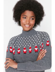 Trendyol Collection Šedý pletený sveter s vianočnou tematikou