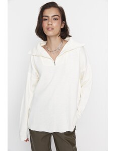 Trendyol Collection Ecru Wide Fit základný pletený sveter na zips