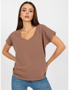 Fashionhunters Basic dark beige T-shirt with V-neck