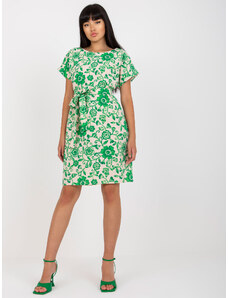 LAKERTA Béžové letné ľanové šaty so zeleným kvetinovým vzorom