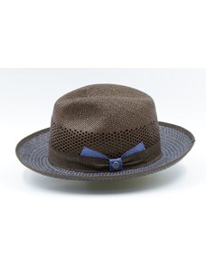 Dvojfarebný panamský klobúk Fedora Bogart s hodvábnou stuhou - ručne pletený - Ekvádorská panama - Marone