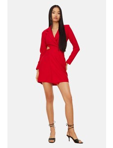 Trendyol Collection Detailné vystrihnuté mini tkané šaty s golierom červenej bundy