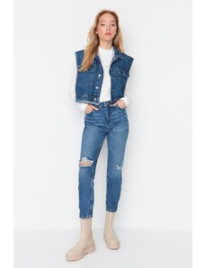 Trendyol Collection Modré roztrhané detailné Mom Jeans s vysokým pásom