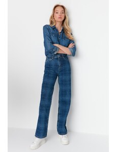 Trendyol Collection Modré kockované džínsy so širokým pásom