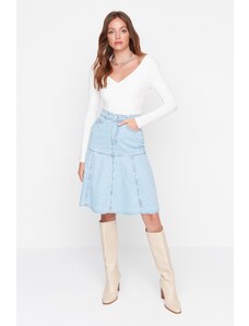 Trendyol Collection Svetlomodré detailné prešívanie s vysokým pásom zvlnená midi džínsová sukňa
