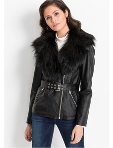 bonprix Koženková bunda s kožušinovým golierom, farba čierna