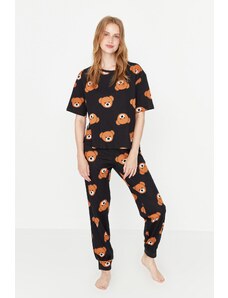 Trendyol Collection Čierna 100% bavlna plyšový medvedík vzor tričko-nohavice pletené pyžamá súprava
