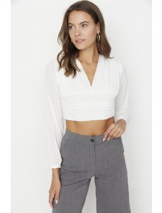 Trendyol White Draping Detail Fitted/Simple V-Neck Crop, Flexible Knitted Blouse