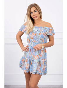 K-Fashion Kvetinové šaty s odhalenými ramenami v modrej farbe