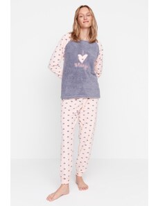 Trendyol Collection Šedá vyšívaná súprava plyšového pleteného pyžama
