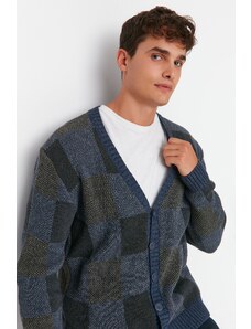 Trendyol Collection Indigo Regular Fit kockovaný pletený sveter s výstrihom do V