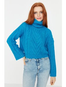 Trendyol Blue Crop Rolák Pletený sveter
