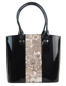 Luxusná veľká dámska kabelka čierny lak s hnedými kvietkami S528 GROSSO