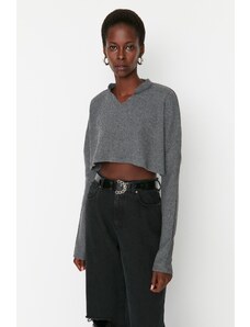 Trendyol Anthracite Super Crop Long Sleeve Tricot Look Knitted Blouse