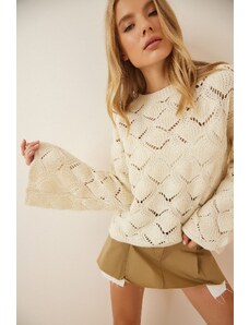 Happiness İstanbul Women's Cream Diamond Patterned Openwork Knitwear Sweater
